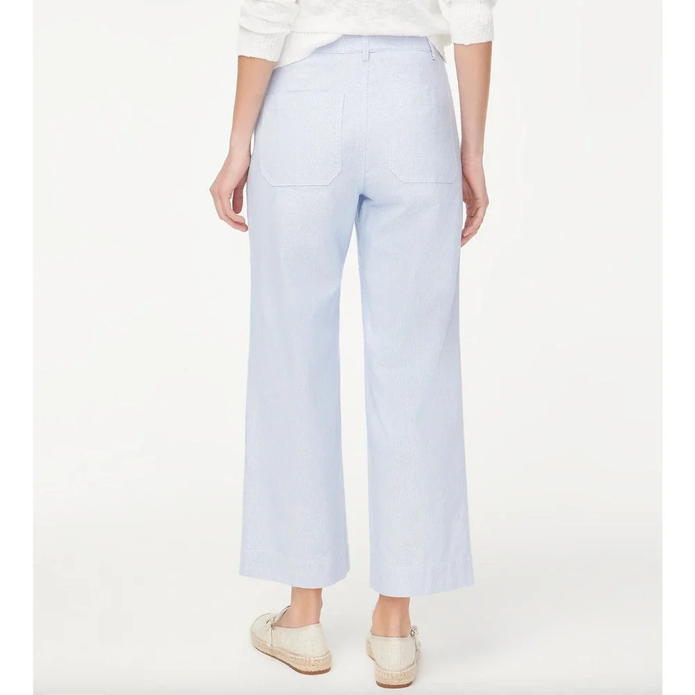 J.Crew Striped High Rise Wide Leg Cropped Pant Blue White Retro Preppy US 34 NWT